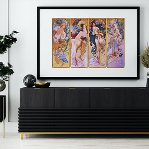 May include: A framed print depicting four women representing the four seasons. Each woman is shown in a different colour scheme and surrounded by flowers and foliage. The print is in a black frame and is hanging on a white wall.