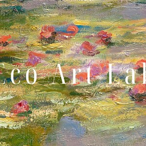 May include: Abstract painting with a textured, brushstroke style. The painting features a variety of colors, including green, yellow, orange, red, and purple. The text "Eco Art Lab" is written in white across the center of the painting.