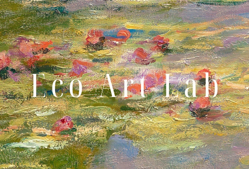 May include: Abstract painting with a textured, brushstroke style. The painting features a variety of colors, including green, yellow, orange, red, and purple. The text "Eco Art Lab" is written in white across the center of the painting.