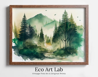 Watercolor Forest Mountain Printable. Landscape Forest Printable Wall Art. Minimalist Forest Trees Painting Print. Digital Art. Nature Decor