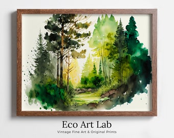 Green Watercolor Forest Landscape Printable. Forest Trees Painting Print. Printable Wall Art. Digital Art. Nature Decor. Mountain Forest Art