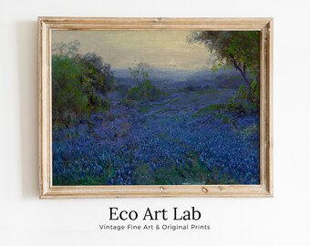 Bluebonnets in Spring. PRINTABLE Spring Meadow Landscape Painting. Vintage Landscape Print Texas Bluebonnets Painting. Flower Field
