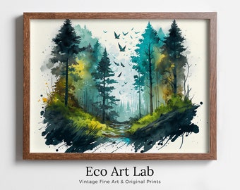 Watercolor Forest Landscape Printable. Printable Wall Art. Green Forest with Birds. Trees Painting Print. Nature Decor. Mountain Forest Art