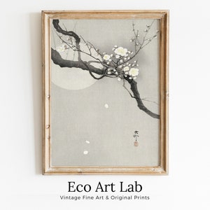 Vintage Japanese Flower Art Plum Blossom and Full Moon Painting Printable Wall Art. Antique Japanese Art. Botanical Print Floral Wall Decor