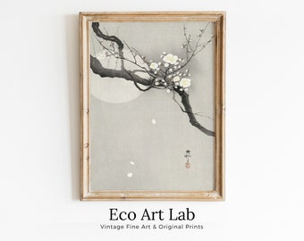 Vintage Japanese Flower Art Plum Blossom and Full Moon Painting Printable Wall Art. Antique Japanese Art. Botanical Print Floral Wall Decor