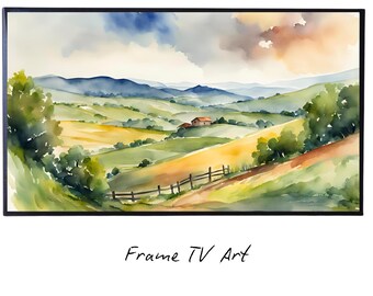 Countryside Landscape Wall Art. Watercolor Minimalist Fields Painting. Frame TV 4K Colorful Nature Scenery.