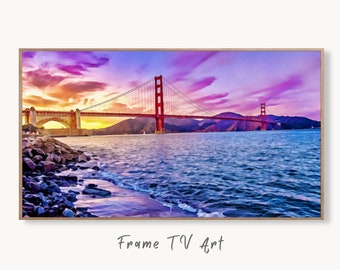 Golden Gate Bridge Frame TV Art, San Francisco Colorful Painting, Digital Download, Art for Tv, Colorful Frame TV Art Golden Gate Bridge