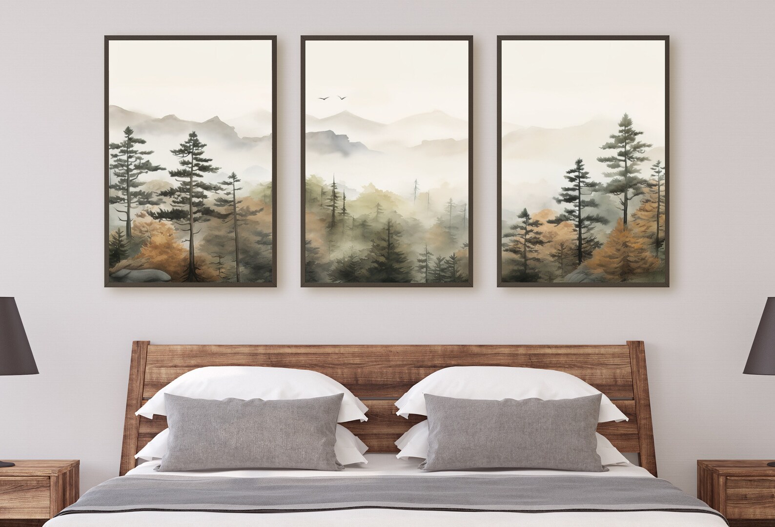 Fall Forest & Mountain 3 Piece Wall Art | Watercolor Autumn Landscape ...