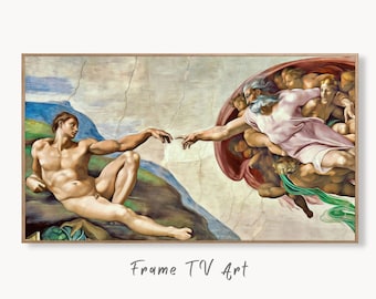 Samsung Frame TV Art 4K The Creation of Adam Famous Michelangelo Painting. Instant Download Enhanced Vintage Classic Painting for Frame TV