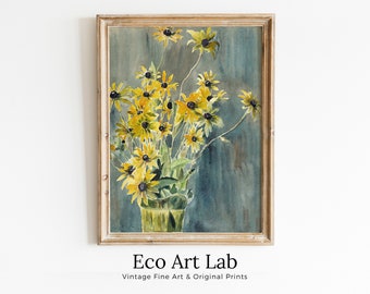 Yellow Flowers Vase Still Art Vintage Print. Botanical Painting Still Life Printable Digital Wall Art. Antique Retro Style Instant Download