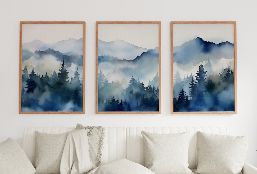 Blue Mountains Wall Art Abstract Mountain Print Set 3 Piece Wall Art