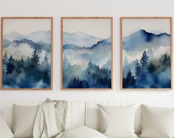 Blue Mountains Wall Art | Abstract Mountain Print Set | 3 Piece Wall Art | Landscape Print Set | Modern Home Decor | Gallery Wall Set