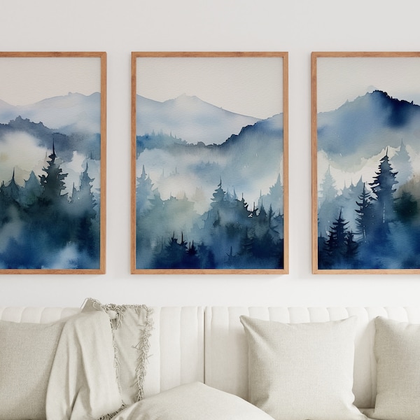 Blue Mountains Wall Art | Abstract Mountain Print Set | 3 Piece Wall Art | Landscape Print Set | Modern Home Decor | Gallery Wall Set