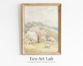 Spring Meadow w/ Sheep Vintage Landscape Print. Country Field Soft Colors Watercolor Painting Spring Landscape. Farmhouse Country Art Print