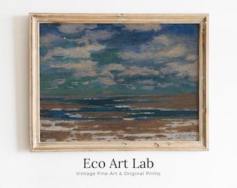 Minimalist Coastal Landscape Painting. Moody PRINTABLE Vintage Art. Seascape Painting. Coastal Wall Art. Ocean Painting with Spring Clouds