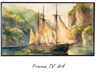 Coastal Decor For Frame TV Art. Nautical Theme Watercolor Ocean Artwork. Vintage Marine Ship Wall Art Digital Print