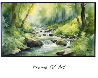 Forest River Art For Frame TV. Watercolor Nature 4K Art Design. River Scene Decor For Samsung Frame TV