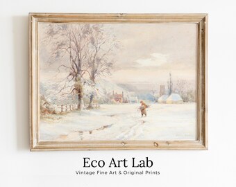 Winter Farm Town Painting Vintage Landscape Print. Country Soft Colors Watercolor Painting Winter Landscape. Farmhouse Country Art Print