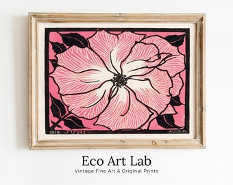 Pink Rose Painting Vintage Art Nouveau Print Wall Art. Instant Download Retro Flower Print Julie De Graag Printable Wall Art. Pink Art Print