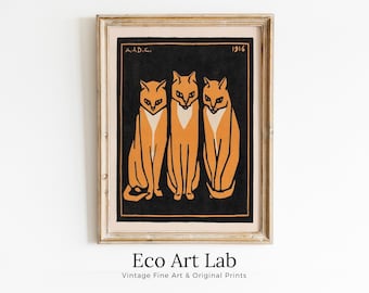 Three Cats Painting Vintage Art Nouveau Print Wall Art. Instant Download Cat Poster Julie De Graag Printable Wall Art. Art Nouveau Poster
