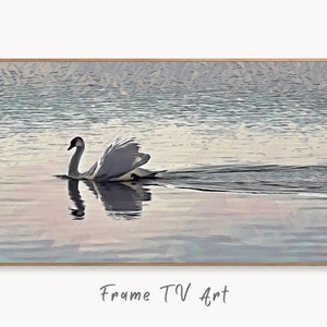 Samsung Frame TV Art 4K Swimming Swan, Digital Download, Digital Art for Tv Swan Decor, White Frame TV Art, Swan Painting