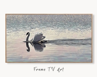 Samsung Frame TV Art 4K Swimming Swan, Digital Download, Digital Art for Tv Swan Decor, White Frame TV Art, Swan Painting