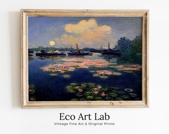 Lilies on Lake View Monet Inspired Digital Painting. Instant Download Floral Decor. Monet Botanical Print Printable Wall Art. Abstract Decor
