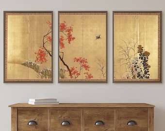 Set of 3 Prints. Birds and Flowers 3 Piece Wall Art. Japanese Print Set. Botanical Vintage Wall Art. Gallery Wall Set. Minimalist Home Decor