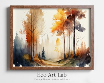 Watercolor Autumn Forest Trees Painting Print. Forest Landscape Printable. Printable Wall Art. Digital Art Nature Decor. Mountain Forest Art