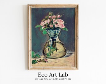 Roses in Glass Vase Botanical Still Life Painting Printable Digital Wall Art. Remastered Vintage Print Retro Style Colorful Instant Download