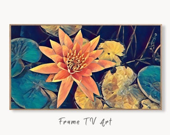 Peut inclure: Impression numérique encadrée d'un nénuphar orange aux pétales détaillés, entouré de nénuphars turquoise et de feuilles jaunes. L'œuvre d'art est de style géométrique, sur fond bleu foncé. Le texte "Frame TV Art" est en bas.