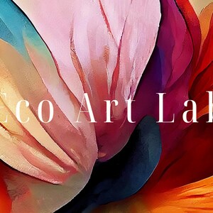 May include: Abstract painting with vibrant colors of blue, pink, orange, and red. The text "Eco Art Lab" is in white letters in the center of the image.