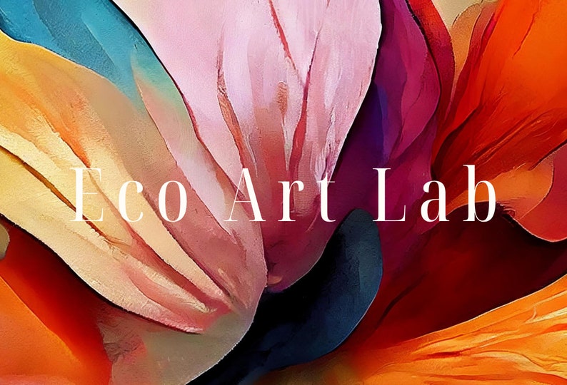 May include: Abstract painting with vibrant colors of blue, pink, orange, and red. The text "Eco Art Lab" is in white letters in the center of the image.
