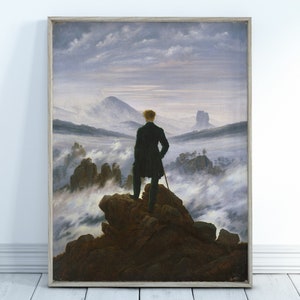 May include: A painting depicting a lone figure standing on a rocky outcrop overlooking a sea of clouds. The sky is a pale blue with wispy clouds, and the mountains in the distance are shrouded in mist. The figure is dressed in a dark coat and is looking out at the view.