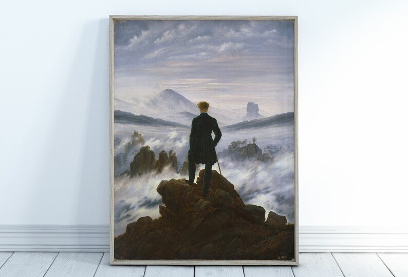 May include: A painting depicting a lone figure standing on a rocky outcrop overlooking a sea of clouds. The sky is a pale blue with wispy clouds, and the mountains in the distance are shrouded in mist. The figure is dressed in a dark coat and is looking out at the view.