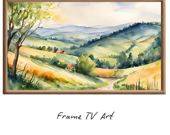 Fields Art For Frame TV. Watercolor Wall Painting Home Decor. Rustic Frame Country View Scenic Display.