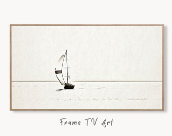 Samsung Frame TV Art 4K Voilier en mer, peinture, décoration murale nautique. Illustration de bateau minimaliste à téléchargement immédiat pour le cadre TV. Art pour la télévision