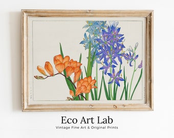 Vintage Japanese Botanical Art Freesia Flowers Painting Printable Wall Art. Floral Decor Antique Japanese Art. Botanical Print Wall Art