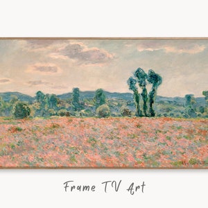 Puede incluir: Una pintura de un paisaje con un campo de flores rosas en primer plano. Hay árboles en el fondo y un cielo nublado.