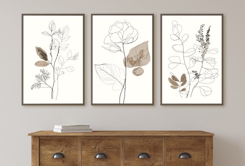 Botanical Line Art Set of 3 Prints. Neutral Wall Art Prints. Plant ...