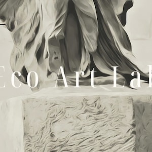 May include: A close-up of a white stone sculpture with the text "Eco Art Lab" in front of it.