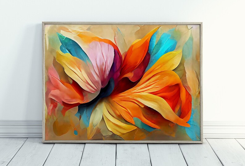 May include: Abstract painting of a flower with vibrant colors, including orange, yellow, pink, blue, and purple. The petals are layered and overlapping, creating a sense of depth and movement.