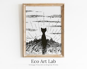 Cat Watching Sunrise. Instant Download Cat Printable Wall Art. Vintage Illustration Wall Art. Retro Cat Poster. Cat Printable Vintage Decor