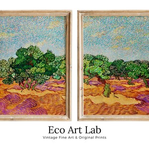 May include: Two framed paintings depicting a landscape with olive trees and a blue sky. The paintings are in a style reminiscent of Vincent van Gogh. The text "Eco Art Lab" and "Vintage Fine Art & Original Prints" is below the paintings.