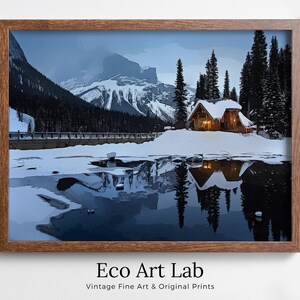 Winter Log Cabin in Snowy Mountains. Landscape Digital Painting. Printable Wall Art. Home or Office Decor Nature Art Print. Instant Download
