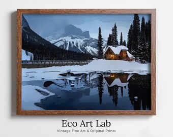 Winter Log Cabin in Snowy Mountains. Landscape Digital Painting. Printable Wall Art. Home or Office Decor Nature Art Print. Instant Download