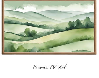 Sage Green Art For Frame TV. Mountains Decor Watercolor Artwork. Hills Landscape Modern Aesthetics For Home Display.