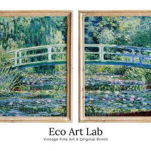 May include: A pair of framed paintings depicting a green bridge over a pond with water lilies. The paintings are in a light wood frame and are hung side by side.