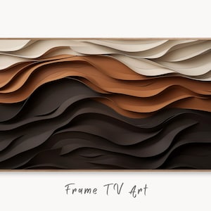 Könnte beinhalten: Abstrakte Wandkunst mit einem geschichteten Design aus wellenförmigen, überlappenden Formen in Braun-, Schwarz- und Weißtönen. Das Kunstwerk ist in einem hellen Holzrahmen gerahmt.