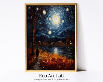 Starry Night in the Fall. Vincent van Gogh Inspired Printable Art. Autumn Instant Download Print. Fall Painting Wall Decor. Fine Art Print